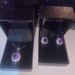 Amethyst & Platinum Silver Plated Round Pendant Necklace & Earrings